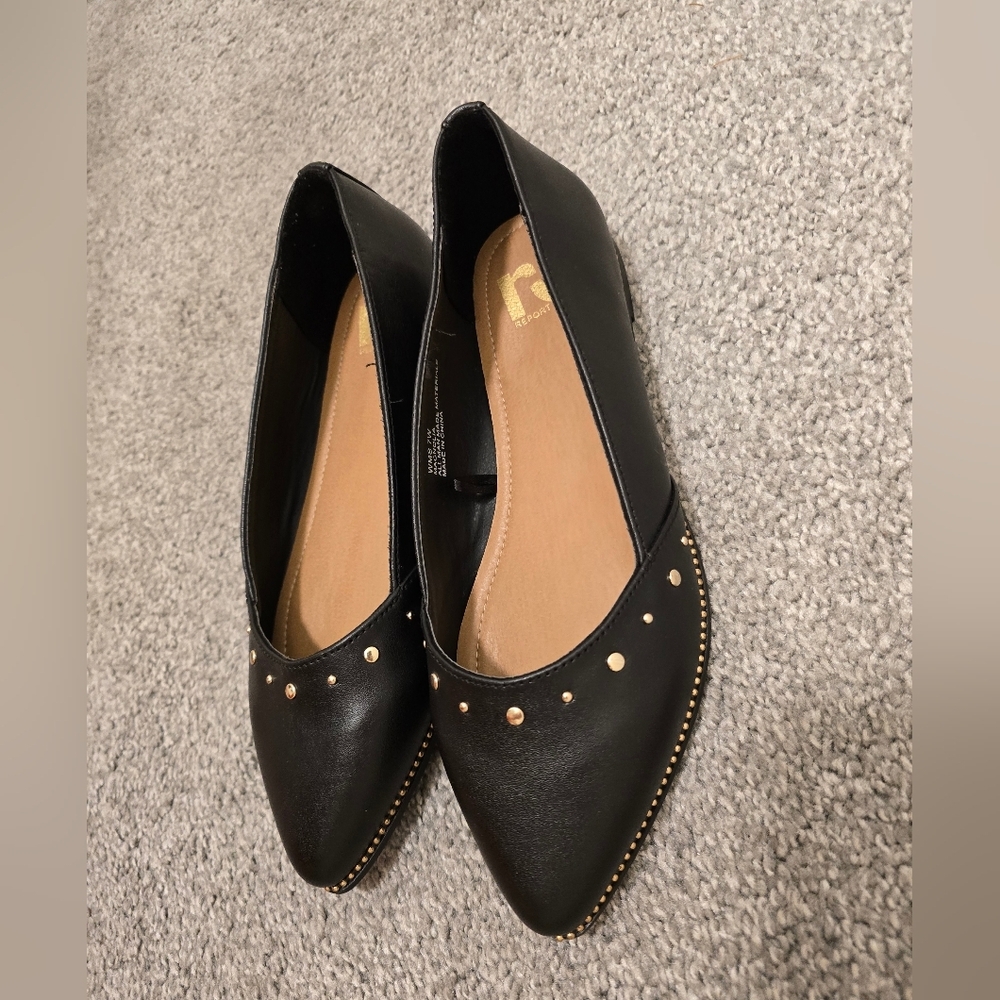 Black Flats Gold Stud Accents Like New Ladies Size 7 - Picture 3 of 7